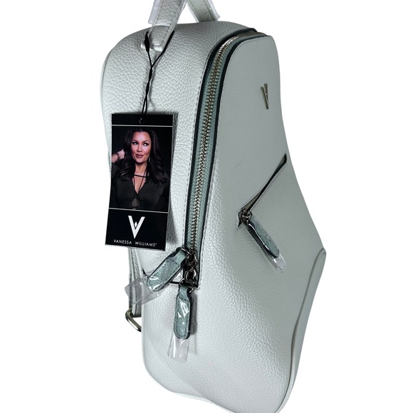Vanessa Williams Womens White Pebble Leather Mini Backpack V Logo Front Zip - Picture 4 of 8